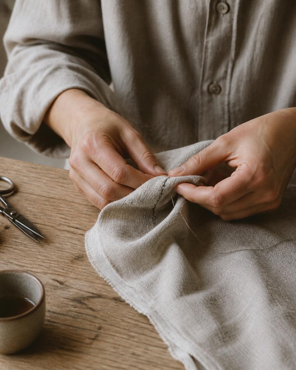 Close-up of a person’s hands hand-sewing a piece of natural linen fabric on an unfinished oak table, with scissors and a small cup nearby.